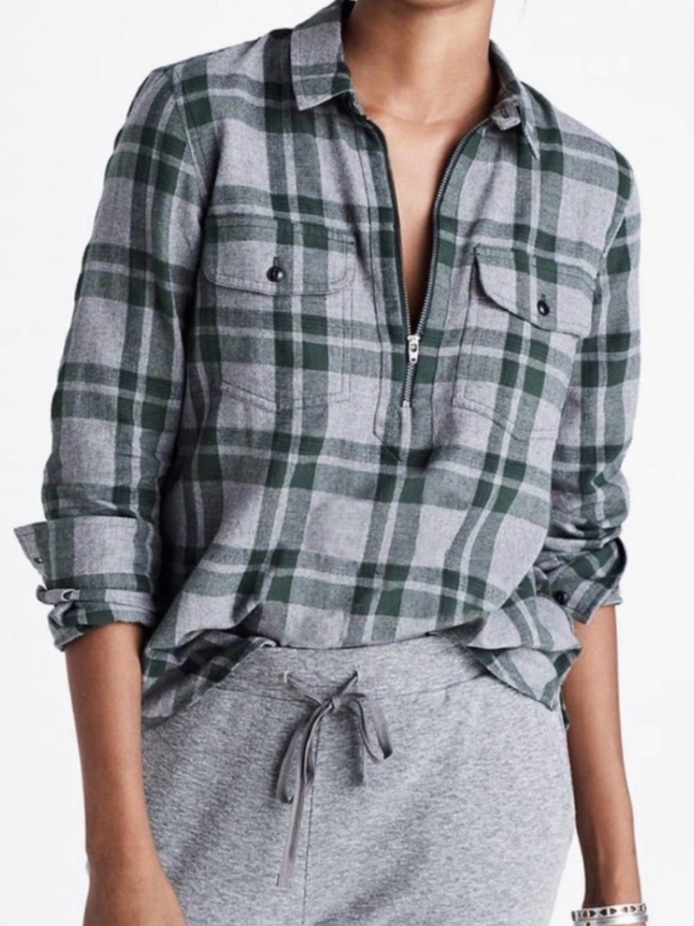 Madewell Flannel Zip-Front Popover Shirt in Washburn Plaid Green Gray Size M